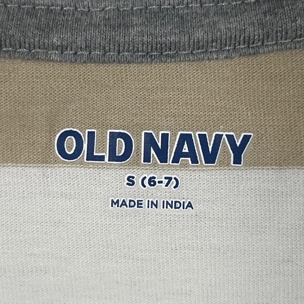 Old Navy Kids Tan Striped Solid Blue Short Sleeve Shirt Casual Vacation Preppy 6